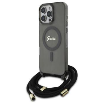 Guess GUHMP16LHCTSGNSK Crossbody Cord Script MagSafe MagSafe-kompatibilis keménytok iPhone 16 Pro - fekete kép