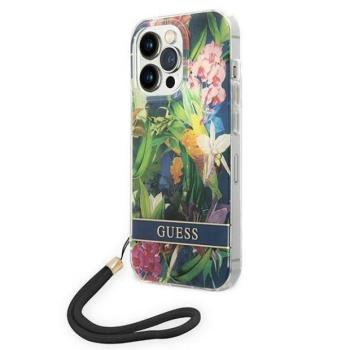 Guess GUOHCP14LHFLSB iPhone 14 Pro 6,1&quot; kék virágos keménytok szíjjal kép