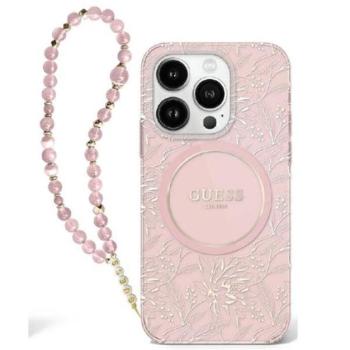 Guess IML Flowers Allover Electro iPhone 16 Plus kemény hátlap tok pánttal, rózsaszín GUHMP16MHCPOFPP kép
