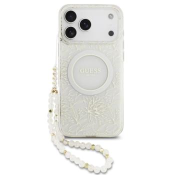 Guess IML Flowers Allover Strap Apple iPhone 17 Pro MagSafe hátlap tok karpánttal, fehér kép