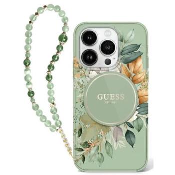 Guess IML Flowers iPhone 16 Pro kemény hátlap tok karpánttal, zöld GUHMP16LHFWBRCESN kép