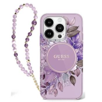 Guess IML Flowers iPhone 16 Pro Max kemény hátlap tok karpánttal, lila GUHMP16XHFWBRCESU kép
