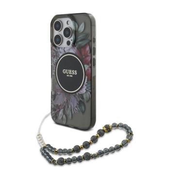 Guess IML Flowers iPhone 16 Pro Max MagSafe hátlap tok karpánttal, fekete kép