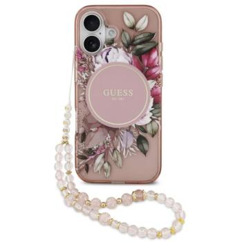 Guess IML Flowers Strap Apple iPhone 17 MagSafe hátlap tok karpánttal, rózsaszín kép