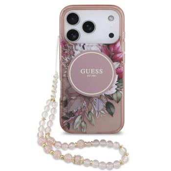 Guess IML Flowers Strap Apple iPhone 17 Pro MagSafe hátlap tok karpánttal, rózsaszín kép