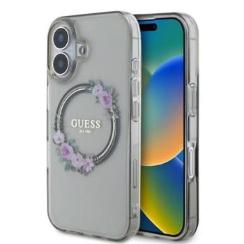 Guess IML Flowers Wreath iPhone 16 MagSafe kemény hátlap tok, fekete GUHMP16SHFWFCK kép