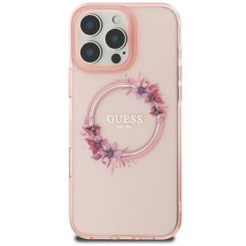 Guess IML Flowers Wreath iPhone 16 MagSafe kemény hátlap tok, rózsaszín GUHMP16SHFWFCP kép