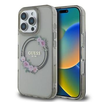 Guess IML Flowers Wreath iPhone 16 Pro MagSafe kemény hátlap tok, fekete GUHMP16LHFWFCK kép