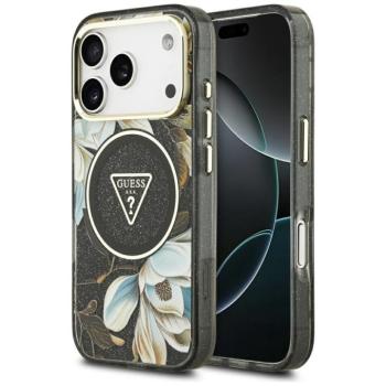 Guess IML Glitter Flowers Triangle Apple iPhone 17 Pro csillámos hátlap tok kameravédő peremmel, MagSafe, fekete-arany kép