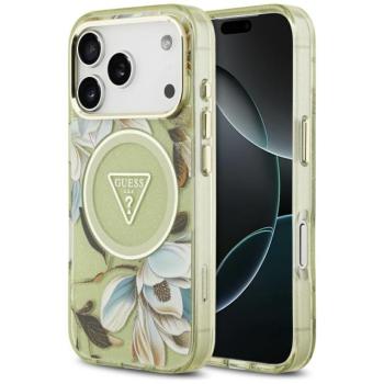 Guess IML Glitter Flowers Triangle Apple iPhone 17 Pro Max csillámos hátlap tok kameravédő peremmel, MagSafe, zöld-arany kép