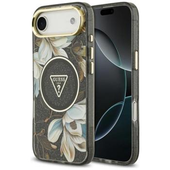 Guess IML Glitter Flowers Triangle Apple iPhone Air (2025) csillámos hátlap tok kameravédő peremmel, MagSafe, fekete-arany kép