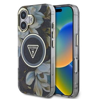 Guess IML Glitter Magnolia and Triangle Logo iPhone 16 MagSafe hátlap tok, fekete kép