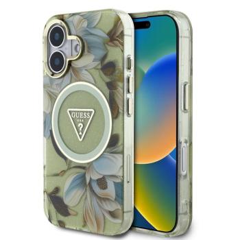 Guess IML Glitter Magnolia and Triangle Logo iPhone 16 MagSafe hátlap tok, zöld kép