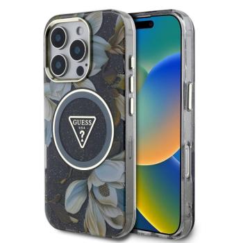 Guess IML Glitter Magnolia and Triangle Logo iPhone 16 Pro Max MagSafe hátlap tok, fekete kép