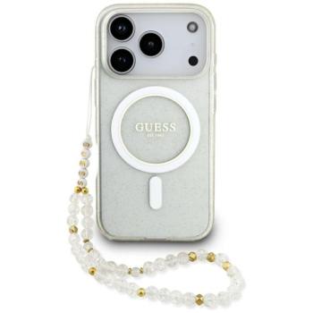 Guess IML Glitter Pearl Strap Apple iPhone 17 Pro csillámos hátlap tok karpánttal, MagSafe, átlátszó-arany kép