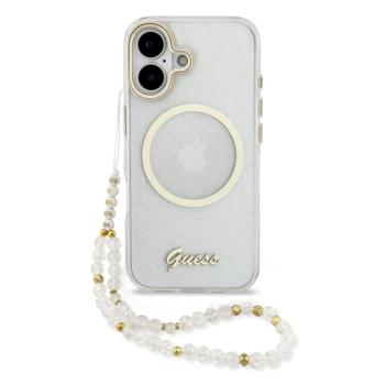 Guess IML Glitter Script Strap Apple iPhone 17 csillámos hátlap tok karpánttal, MagSafe, átlátszó-arany kép