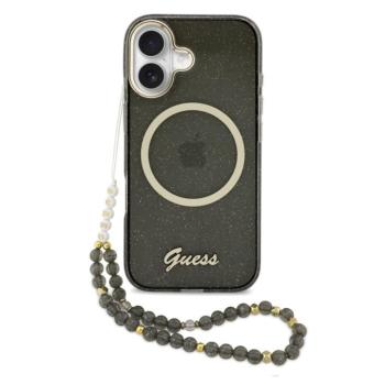 Guess IML Glitter Script Strap Apple iPhone 17 csillámos hátlap tok karpánttal, MagSafe, fekete-arany kép