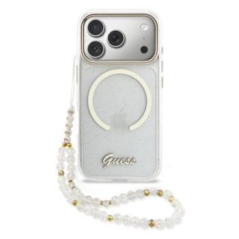 Guess IML Glitter Script Strap Apple iPhone 17 Pro csillámos hátlap tok karpánttal, MagSafe, átlátszó-arany kép
