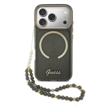 Guess IML Glitter Script Strap Apple iPhone 17 Pro Max csillámos hátlap tok karpánttal, MagSafe, fekete-arany kép