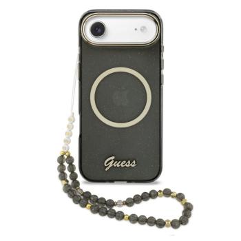 Guess IML Glitter Script Strap Apple iPhone Air (2025) csillámos hátlap tok karpánttal, MagSafe, fekete-arany kép