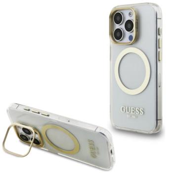 Guess IML Gold Outline Stand Camera Frame iPhone 15 Pro Max MagSafe hátlap tok kitámasztóval, átlátszó-arany kép