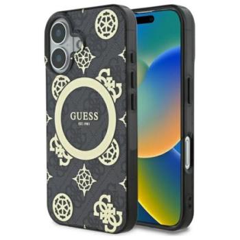 Guess IML Peony On 4G Background iPhone 16 MagSafe kemény hátlap tok, fekete GUHMP16SH4PYEEK kép