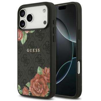 Guess Leather 4G Flowers Print Metal Classic Logo MagSafe Apple iPhone 17 Pro Max kemény hátlap tok, fekete kép