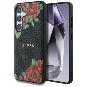 Guess Leather 4G Flowers Print Metal Classic Logo MagSafe Samsung Galaxy S25 kemény hátlap tok, fekete kép