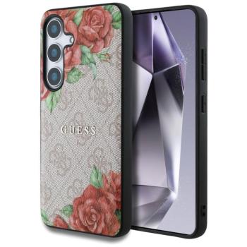 Guess Leather 4G Flowers Print Metal Classic Logo MagSafe Samsung Galaxy S25 kemény hátlap tok, rózsaszín kép