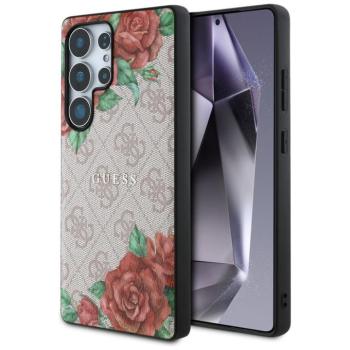 Guess Leather 4G Flowers Print Metal Classic Logo MagSafe Samsung Galaxy S25 Ultra kemény hátlap tok, rózsaszín kép