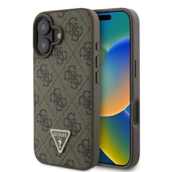 Guess Leather 4G Triangle Strass iPhone 16 Plus kemény hátlap tok, barna GUHCP16MP4TDPW kép