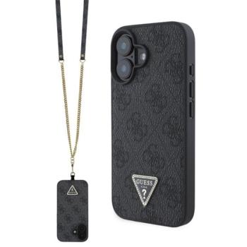 GUESS LEATHER METAL LOGO STRASS CROSSBODY szilikon telefonvédő (ütésállóság, bőr hatású hátlap + vállpánt) FEKETE Apple iPhone 16 kép