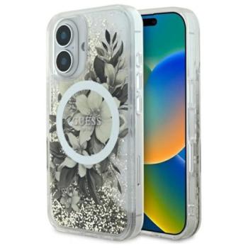 Guess Liquid Glitter Flower iPhone 16 MagSafe kemény hátlap tok, bézs GUHMP16SLFMWTE kép