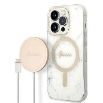 Guess Marble MagSafe Apple iPhone 14 Pro hátlap tok, fehér + MagSafe töltő kép