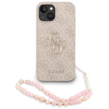 Guess PU 4G Metal Logo Strap Apple iPhone 15 hátlap tok korall színű karpánttal, rózsaszín-arany kép