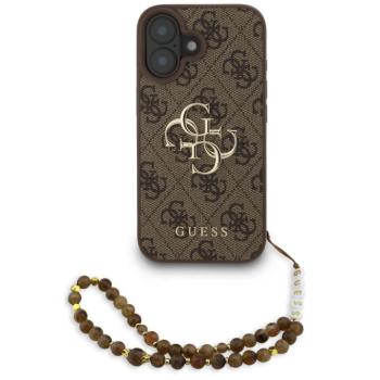 Guess PU 4G Metal Logo Strap Apple iPhone 16 hátlap tok barna színű karpánttal, barna-arany kép