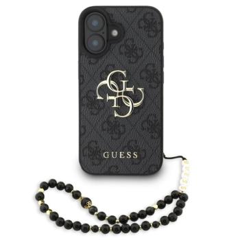 Guess PU 4G Metal Logo Strap Apple iPhone 16 hátlap tok fekete színű karpánttal, fekete-arany kép