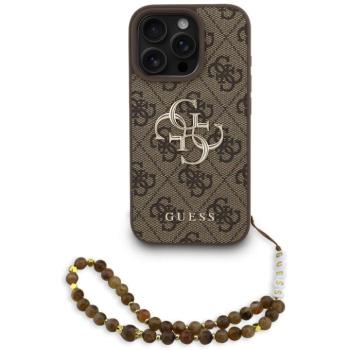 Guess PU 4G Metal Logo Strap Apple iPhone 16 Pro hátlap tok barna színű karpánttal, barna-arany kép