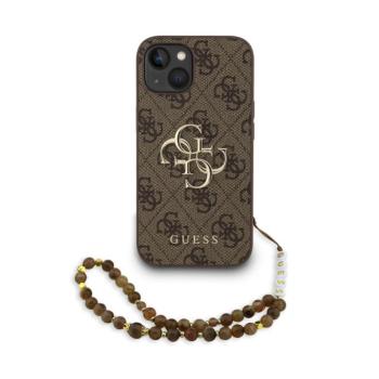 Guess PU 4G Metal Logo Strap iPhone 15 hátlap tok, barna kép