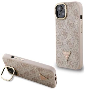 Guess PU 4G Strass Triangle Logo Apple iPhone 15 MagSafe tok kitámasztható kamera peremmel, rózsaszín-arany kép