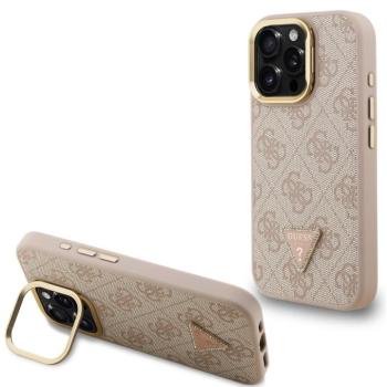 Guess PU 4G Strass Triangle Logo Apple iPhone 15 Pro MagSafe tok kitámasztható kamera peremmel, rózsaszín-arany kép