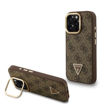 GUESS PU 4G STRASS TRIANGLE LOGO STAND műanyag telefonvédő (ütésállóság, bőr hatású hátlap, kitámasztó) BARNA Apple iPhone 16 Pro kép