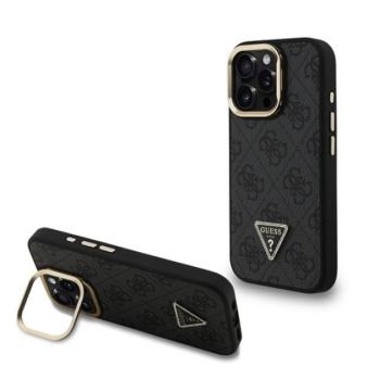 GUESS PU 4G STRASS TRIANGLE LOGO STAND műanyag telefonvédő (ütésállóság, bőr hatású hátlap, kitámasztó) FEKETE Apple iPhone 15 Pro kép