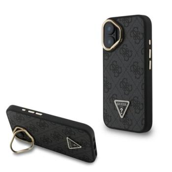 GUESS PU 4G STRASS TRIANGLE LOGO STAND műanyag telefonvédő (ütésállóság, bőr hatású hátlap, kitámasztó) FEKETE Apple iPhone 16 kép