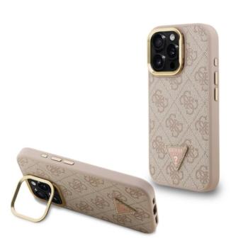 GUESS PU 4G STRASS TRIANGLE LOGO STAND műanyag telefonvédő (ütésállóság, bőr hatású hátlap, kitámasztó) RÓZSASZÍN Apple iPhone 16 Pro kép