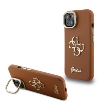 Guess PU Grained 4G Logo Stand Camera Frame iPhone 14 hátlap tok kitámasztóval, barna kép