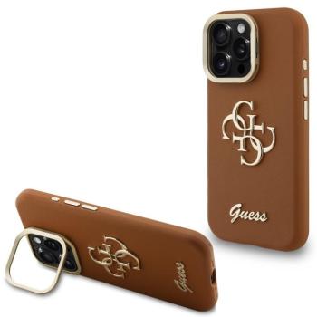 Guess PU Grained 4G Logo Stand Camera Frame iPhone 15 Pro Max hátlap tok kitámasztóval, barna kép