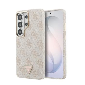 Guess PU Leather 4G Strass Triangle Logo Gold Frame Samsung Galaxy S26 Ultra mágneses tok, MagSafe, rózsaszín-arany kép