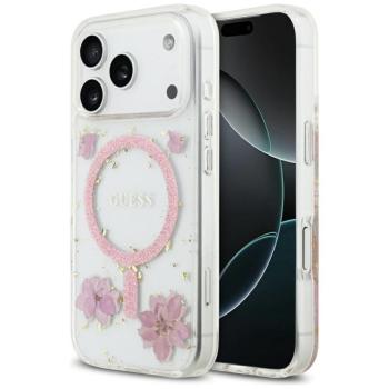 Guess Resin Flowers Glitter Apple iPhone 17 Pro csillámos hátlap tok kameravédő peremmel, MagSafe, rózsaszín kép