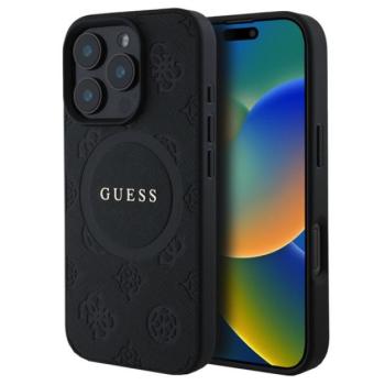 GUESS SAFFIANO PEONY CLASSIC LOGO szilikon telefonvédő (ütésállóság, bőr hatású hátlap, MagSafe) FEKETE Apple iPhone 16 Pro Max kép